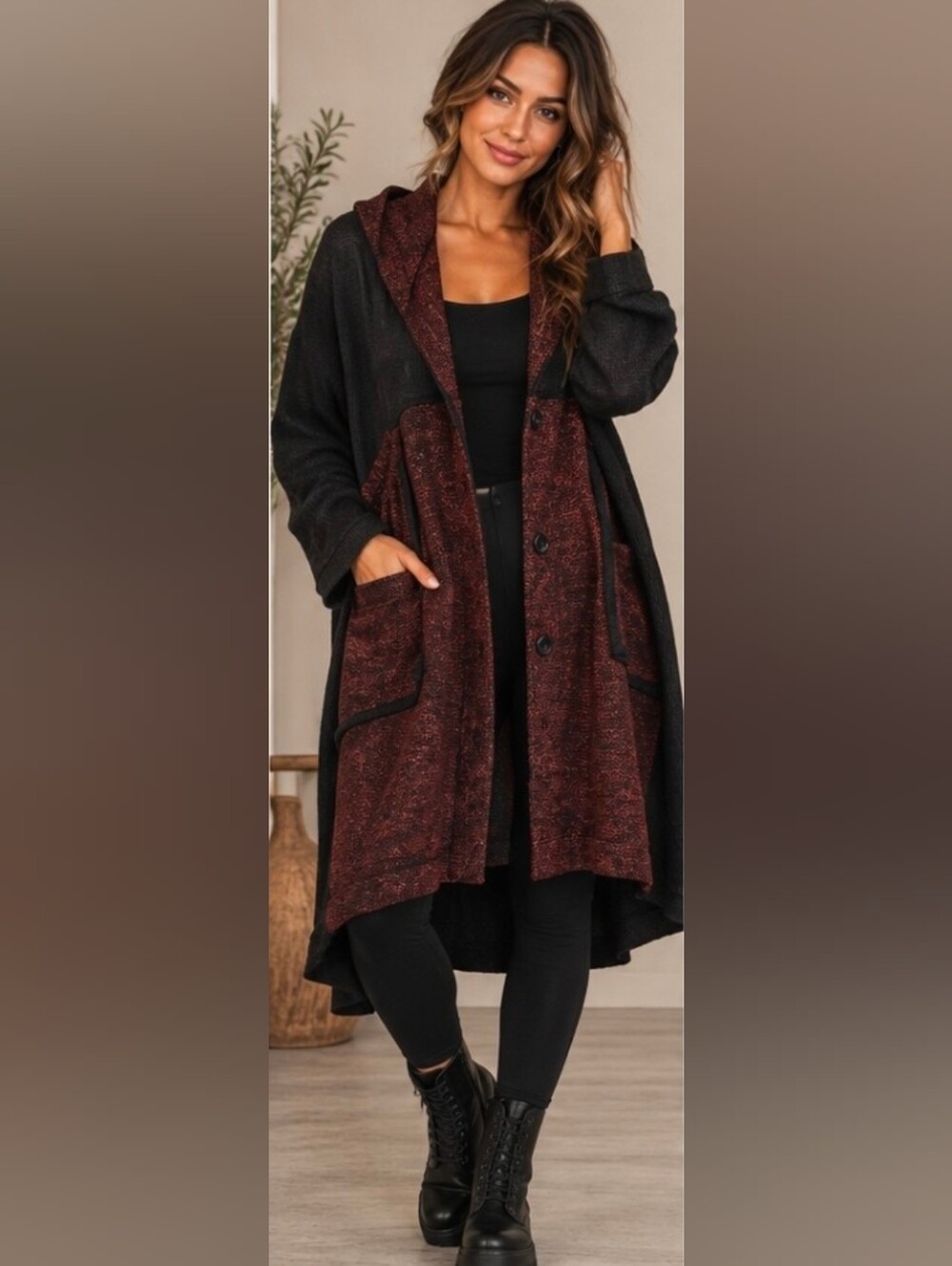 Pretty Angel NWT L Black Burgundy Hooded Long Cardigan Duster Linen Blend